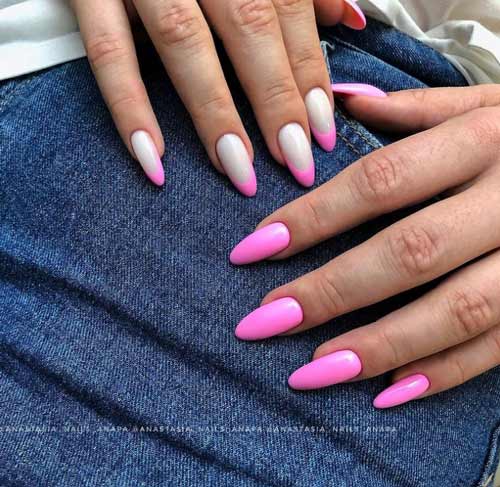 Manucure différente des mains dans les tons roses