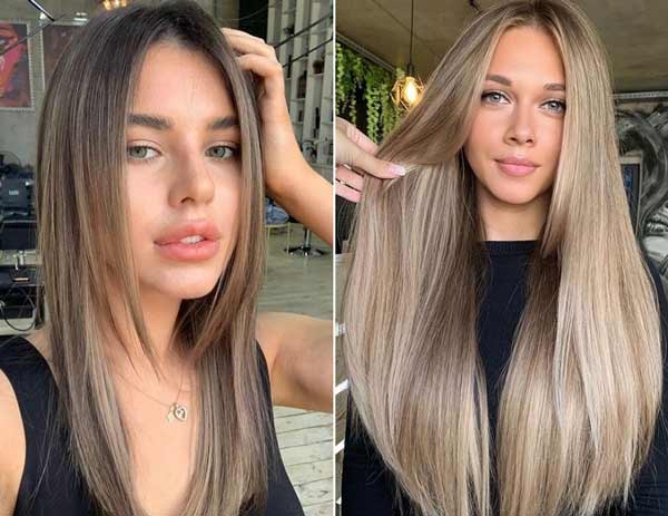 Coupe de cheveux longue avec une frange aux pommettes avec une séparation au centre