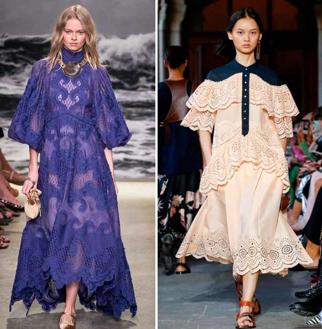 Robes multicolores en dentelle manches bouffantes et volants