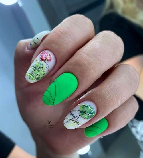 Manucure verte avec des feuilles
