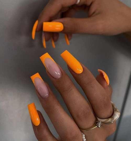Ongles longs carrés français orange